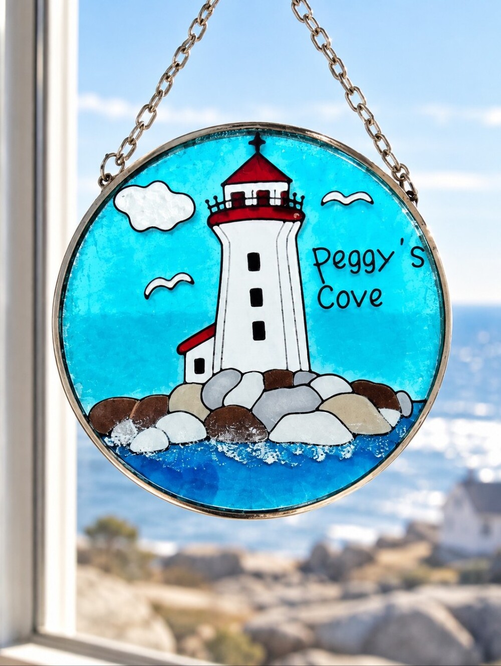 Peggy's Cove Lighthouse Hand Painted Glass Suncatcher Nova Scotia 5"